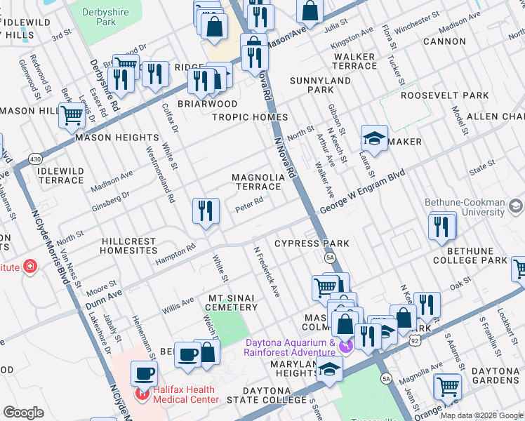 map of restaurants, bars, coffee shops, grocery stores, and more near 1045 Hampton Road in Daytona Beach