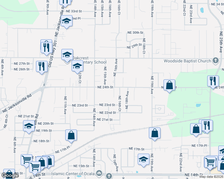 map of restaurants, bars, coffee shops, grocery stores, and more near 2352 Northeast 16th Avenue in Ocala