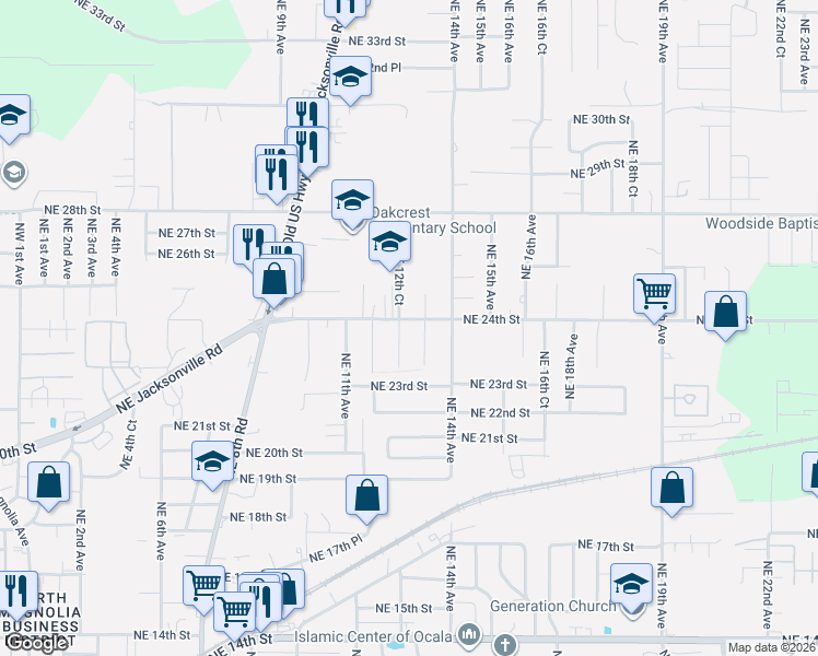 map of restaurants, bars, coffee shops, grocery stores, and more near 1210 Northeast 24th Street in Ocala