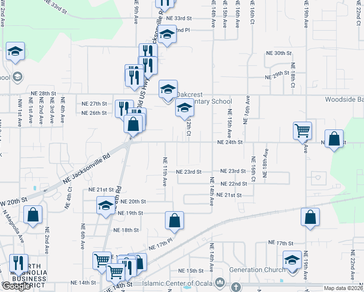 map of restaurants, bars, coffee shops, grocery stores, and more near 1210 Northeast 24th Street in Ocala