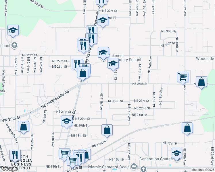 map of restaurants, bars, coffee shops, grocery stores, and more near 1118 Northeast 24th Street in Ocala