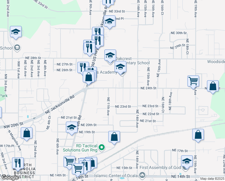 map of restaurants, bars, coffee shops, grocery stores, and more near 1118 Northeast 24th Street in Ocala