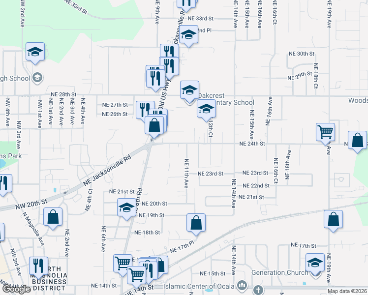 map of restaurants, bars, coffee shops, grocery stores, and more near 1118 Northeast 24th Street in Ocala