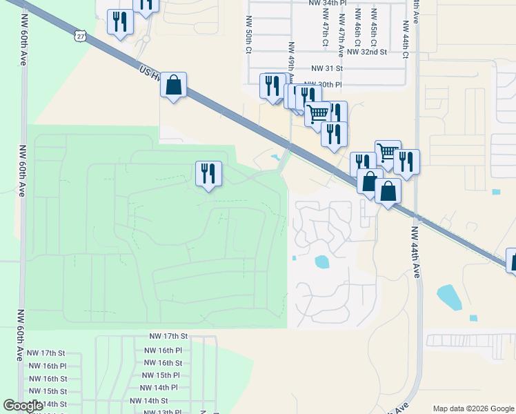 map of restaurants, bars, coffee shops, grocery stores, and more near 1987 Northwest 50th Circle in Ocala