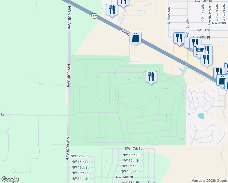 map of restaurants, bars, coffee shops, grocery stores, and more near 2338 Northwest 53rd Avenue Road in Ocala