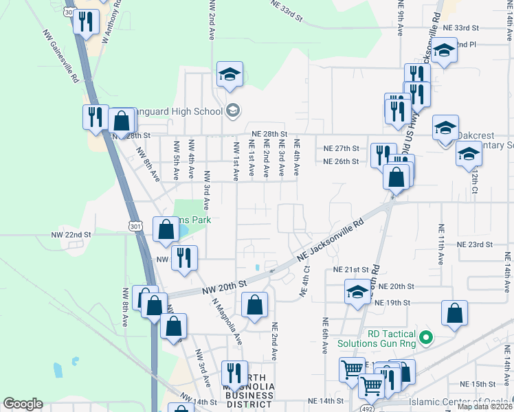 map of restaurants, bars, coffee shops, grocery stores, and more near 119 Northwest 23rd Place in Ocala