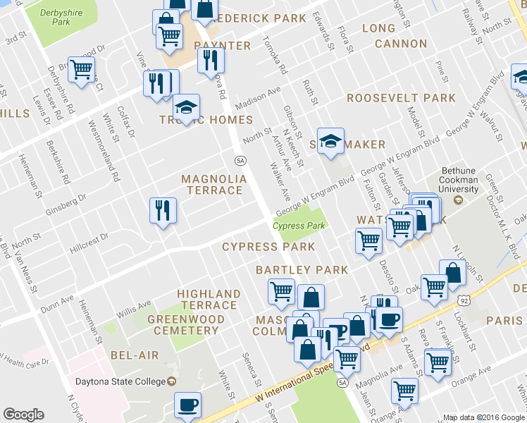 map of restaurants, bars, coffee shops, grocery stores, and more near 440 North Nova Road in Daytona Beach