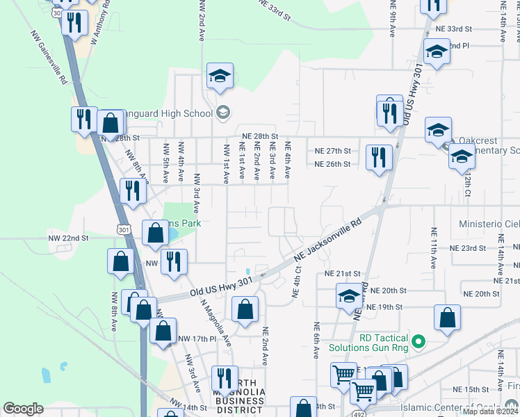 map of restaurants, bars, coffee shops, grocery stores, and more near 145 Northwest 23rd Place in Ocala