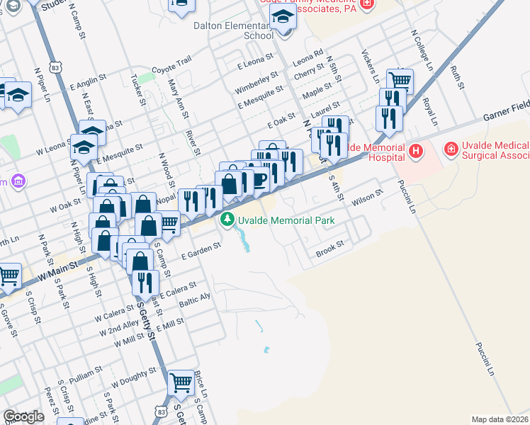 map of restaurants, bars, coffee shops, grocery stores, and more near South 1st Street in Uvalde