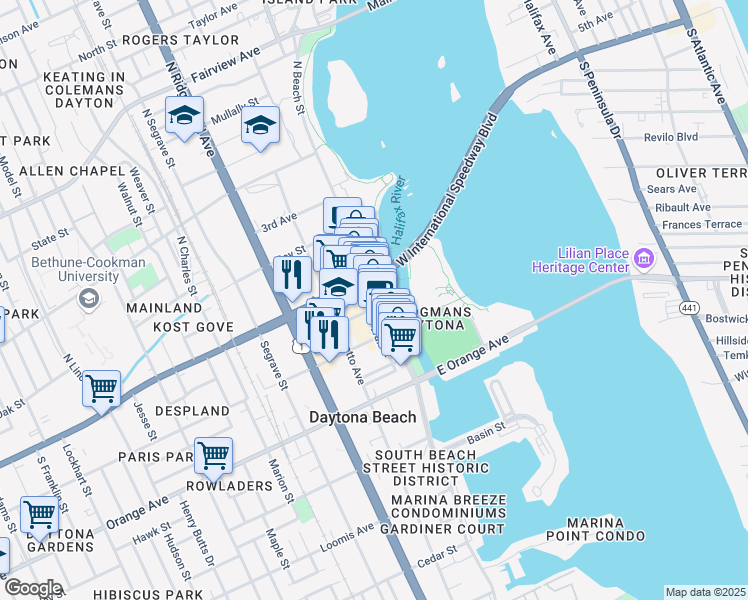 map of restaurants, bars, coffee shops, grocery stores, and more near 140 South Beach Street in Daytona Beach