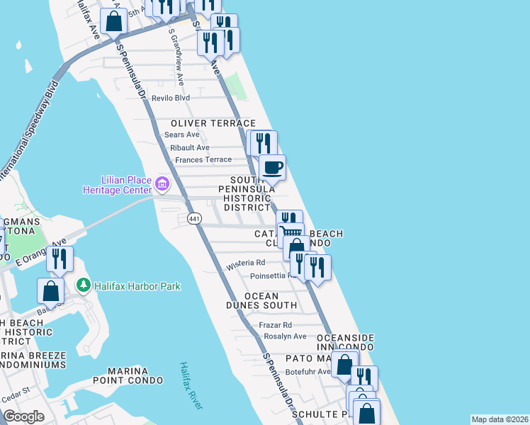 map of restaurants, bars, coffee shops, grocery stores, and more near 1227 Ruger Place in Daytona Beach