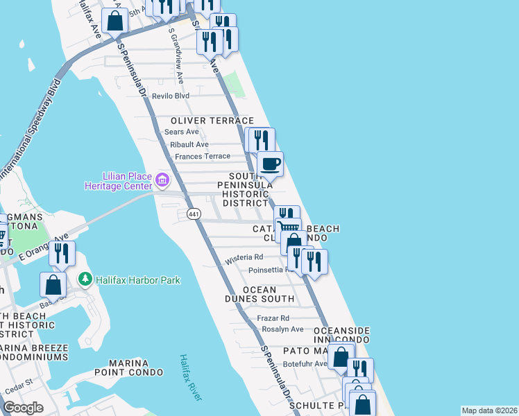 map of restaurants, bars, coffee shops, grocery stores, and more near 1227 Ruger Place in Daytona Beach