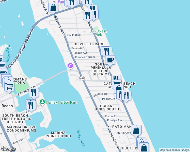 map of restaurants, bars, coffee shops, grocery stores, and more near 1224 Thompson Place in Daytona Beach