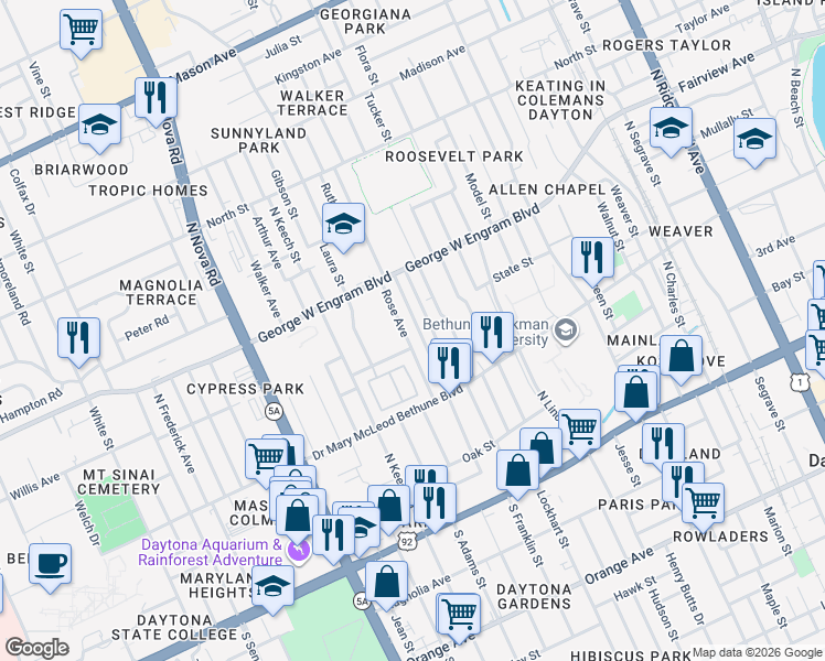 map of restaurants, bars, coffee shops, grocery stores, and more near 331 Rose Avenue in Daytona Beach