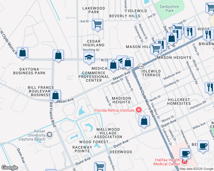 map of restaurants, bars, coffee shops, grocery stores, and more near 793 Iowa Street in Daytona Beach