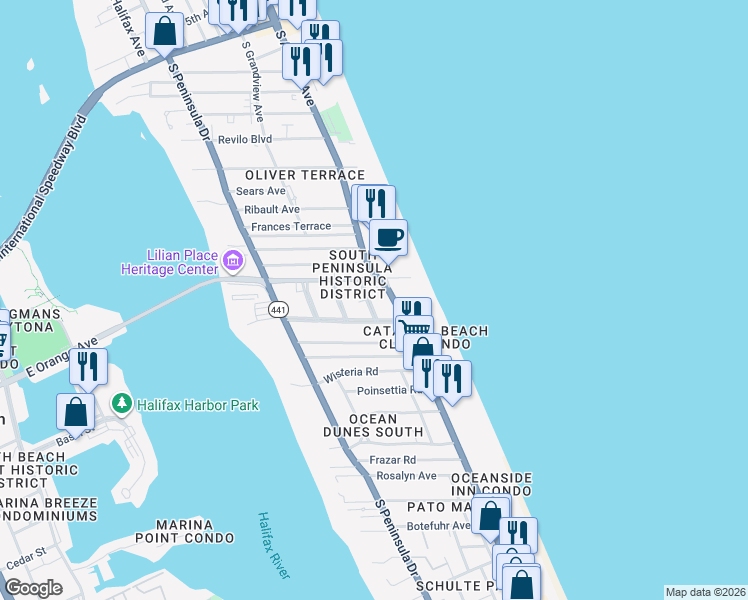 map of restaurants, bars, coffee shops, grocery stores, and more near 1227 Ruger Place in Daytona Beach