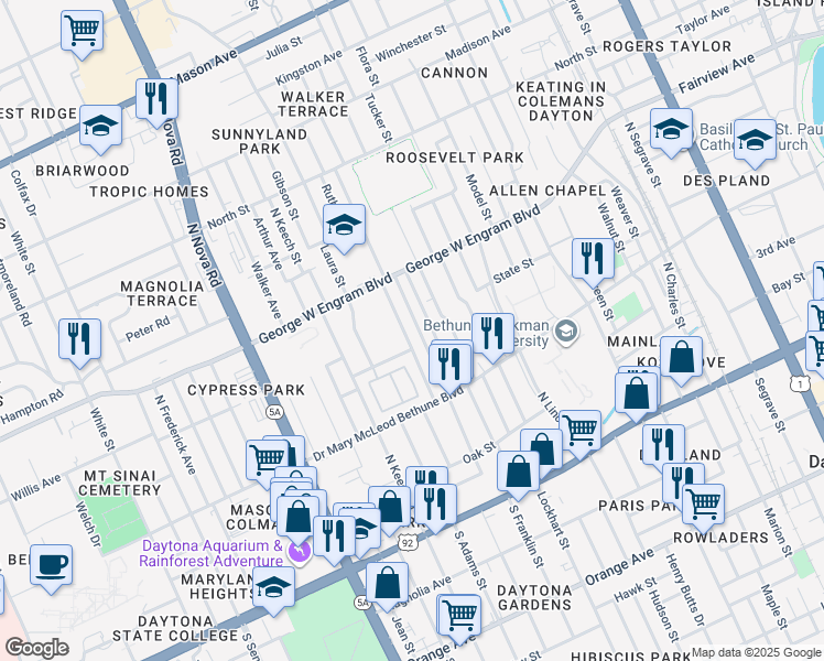 map of restaurants, bars, coffee shops, grocery stores, and more near 331 Rose Avenue in Daytona Beach