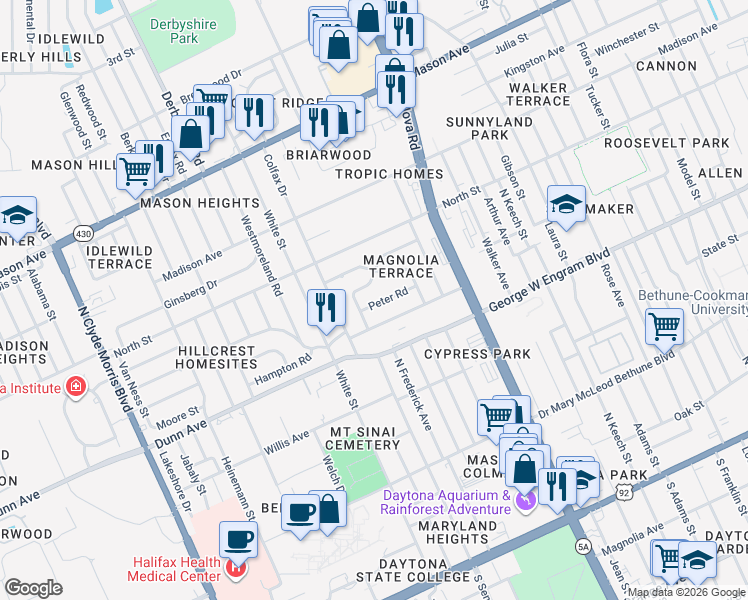 map of restaurants, bars, coffee shops, grocery stores, and more near 1068 Hampton Road in Daytona Beach