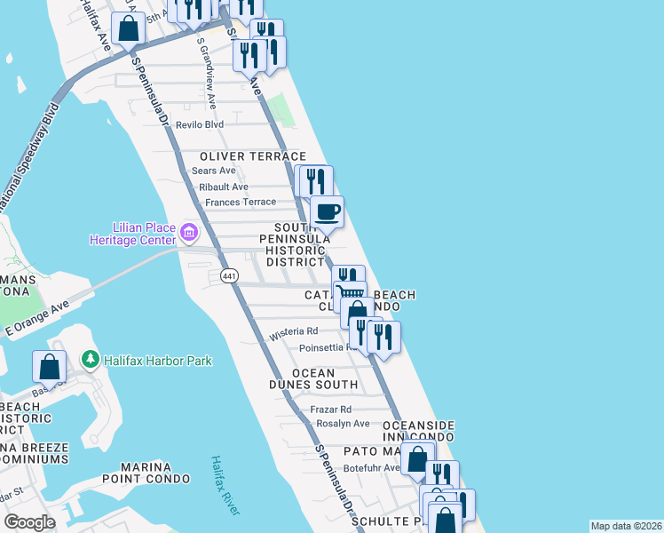 map of restaurants, bars, coffee shops, grocery stores, and more near 1209 South Atlantic Avenue in Daytona Beach