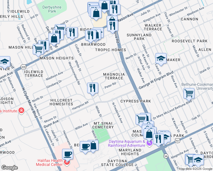 map of restaurants, bars, coffee shops, grocery stores, and more near 1068 Hampton Road in Daytona Beach