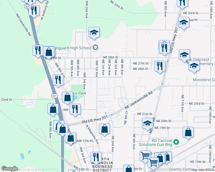 map of restaurants, bars, coffee shops, grocery stores, and more near 119 Northwest 23rd Place in Ocala
