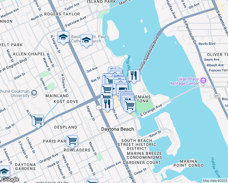 map of restaurants, bars, coffee shops, grocery stores, and more near 140 South Beach Street in Daytona Beach