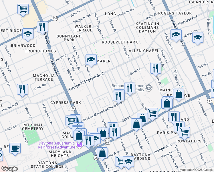 map of restaurants, bars, coffee shops, grocery stores, and more near 331 Rose Avenue in Daytona Beach