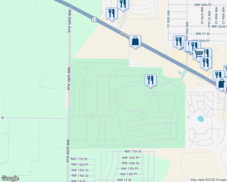 map of restaurants, bars, coffee shops, grocery stores, and more near 2338 Northwest 53rd Avenue Road in Ocala