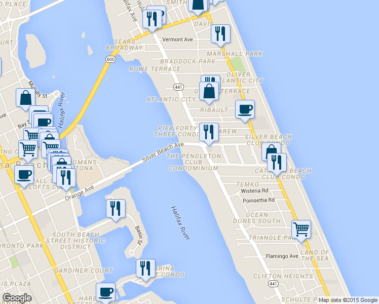 map of restaurants, bars, coffee shops, grocery stores, and more near 100 Silver Beach Avenue in Daytona Beach