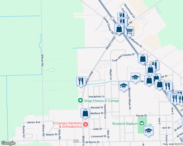 map of restaurants, bars, coffee shops, grocery stores, and more near 2915 Willow Creek Drive in El Campo