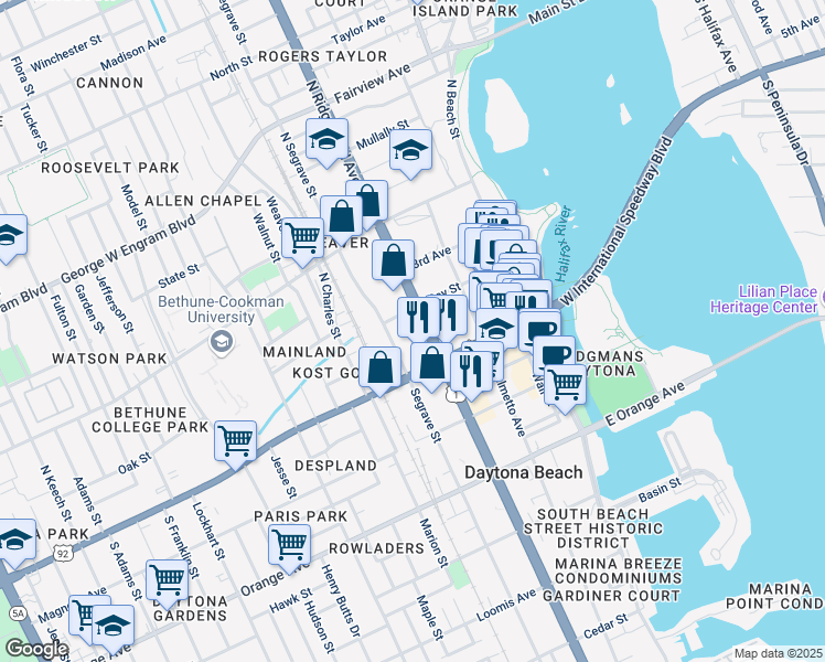 map of restaurants, bars, coffee shops, grocery stores, and more near 325 Bay Street in Daytona Beach