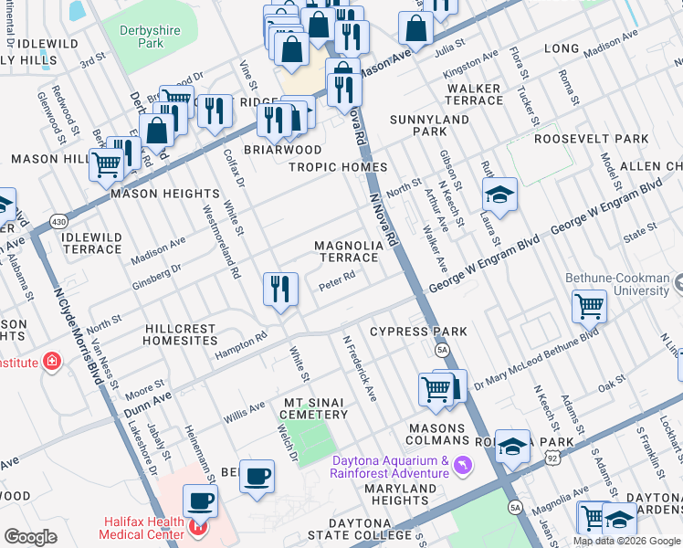 map of restaurants, bars, coffee shops, grocery stores, and more near 555 Sandra Avenue in Daytona Beach