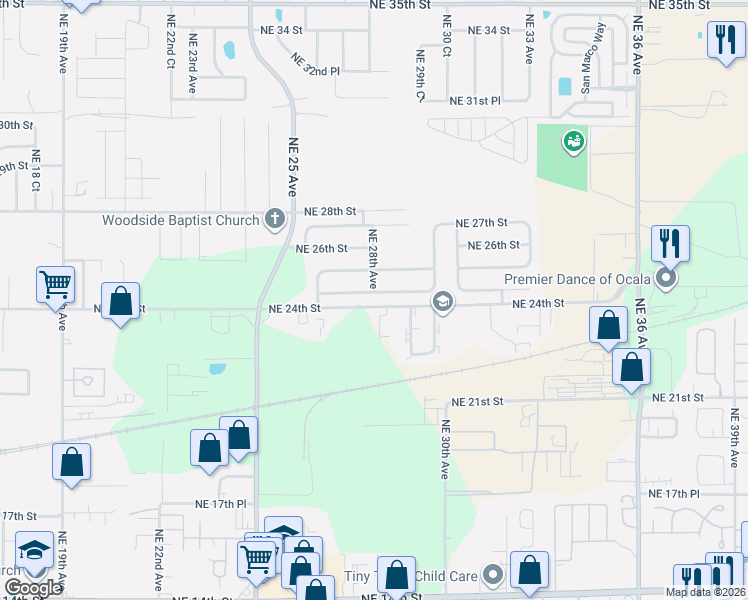 map of restaurants, bars, coffee shops, grocery stores, and more near 2811 Northeast 24th Place in Ocala