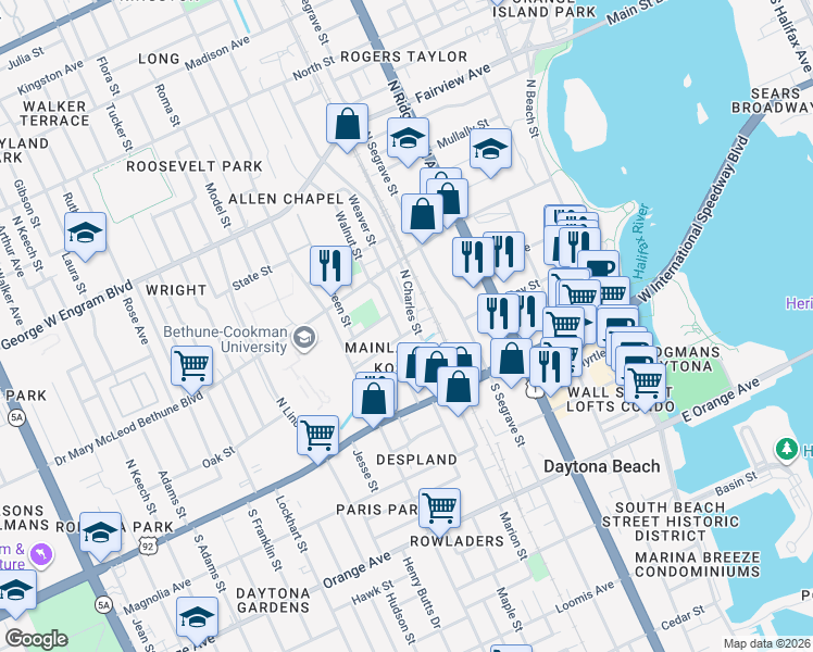 map of restaurants, bars, coffee shops, grocery stores, and more near 522 Oak Street in Daytona Beach