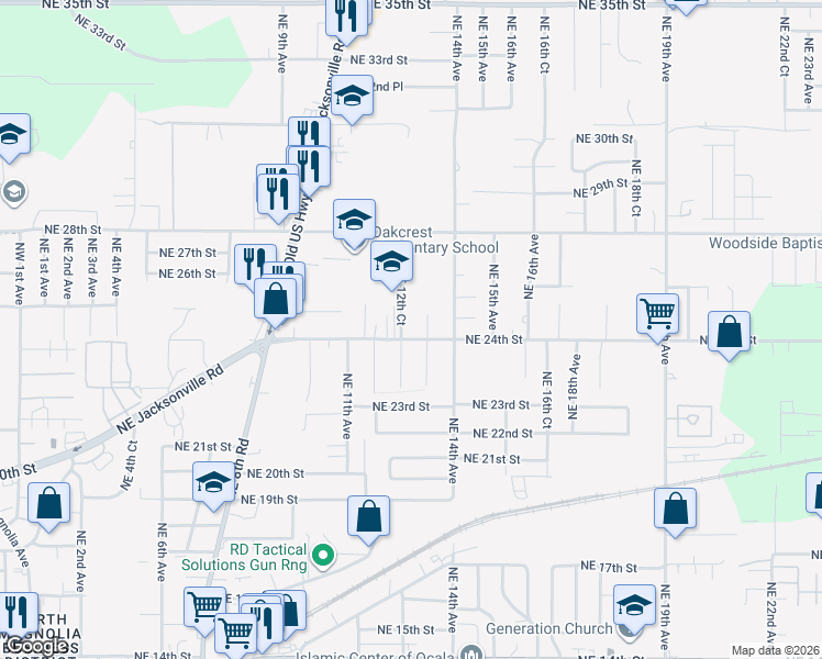 map of restaurants, bars, coffee shops, grocery stores, and more near 2514 Northeast 12th Court in Ocala