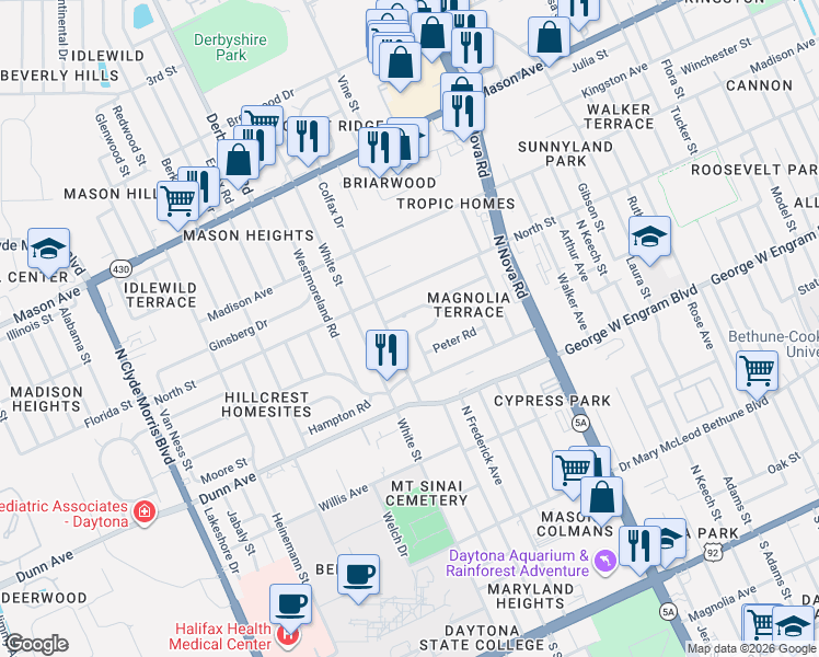map of restaurants, bars, coffee shops, grocery stores, and more near 536 Sandra Avenue in Daytona Beach