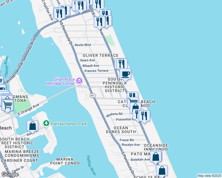 map of restaurants, bars, coffee shops, grocery stores, and more near 511 Silver Beach Avenue in Daytona Beach