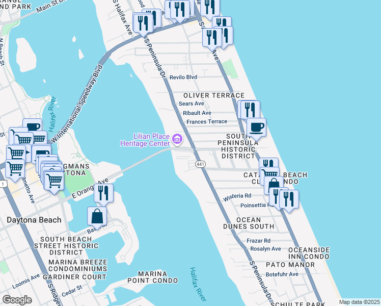 map of restaurants, bars, coffee shops, grocery stores, and more near 1109 South Peninsula Drive in Daytona Beach