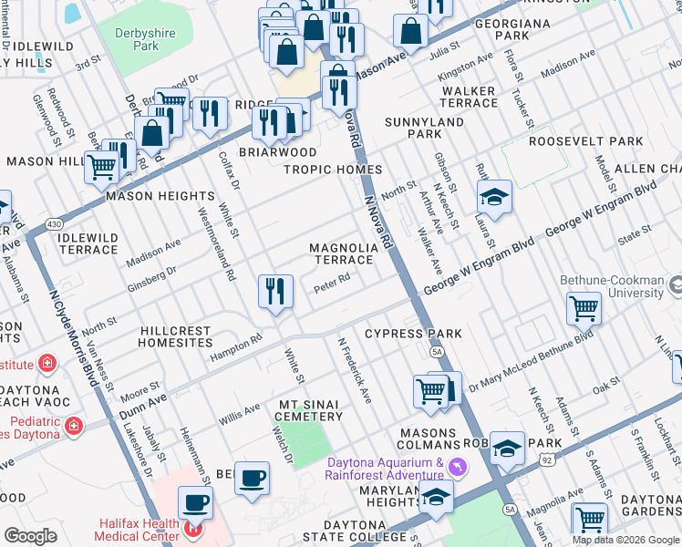 map of restaurants, bars, coffee shops, grocery stores, and more near 555 Sandra Avenue in Daytona Beach