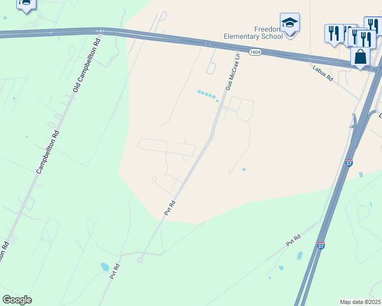 map of restaurants, bars, coffee shops, grocery stores, and more near Pvt Road in San Antonio