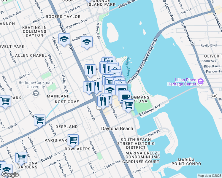 map of restaurants, bars, coffee shops, grocery stores, and more near 129 North Palmetto Avenue in Daytona Beach