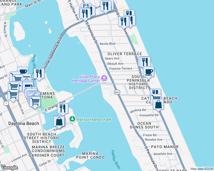 map of restaurants, bars, coffee shops, grocery stores, and more near 111 Silver Beach Avenue in Daytona Beach