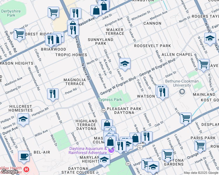 map of restaurants, bars, coffee shops, grocery stores, and more near 950 George W Engram Boulevard in Daytona Beach