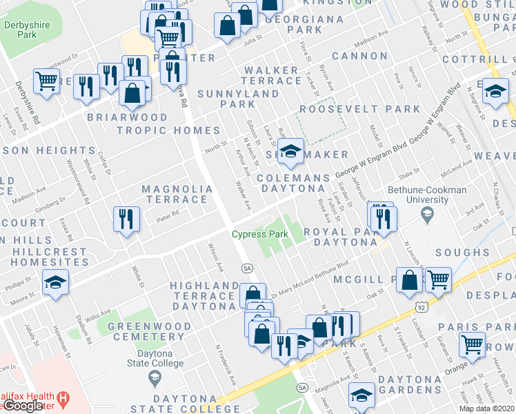 map of restaurants, bars, coffee shops, grocery stores, and more near 416 North Caroline Street in Daytona Beach