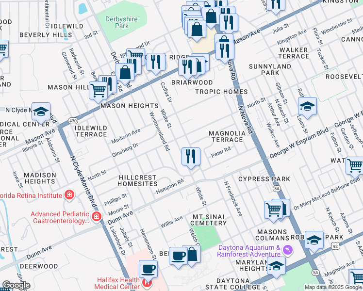 map of restaurants, bars, coffee shops, grocery stores, and more near 564 Colfax Drive in Daytona Beach