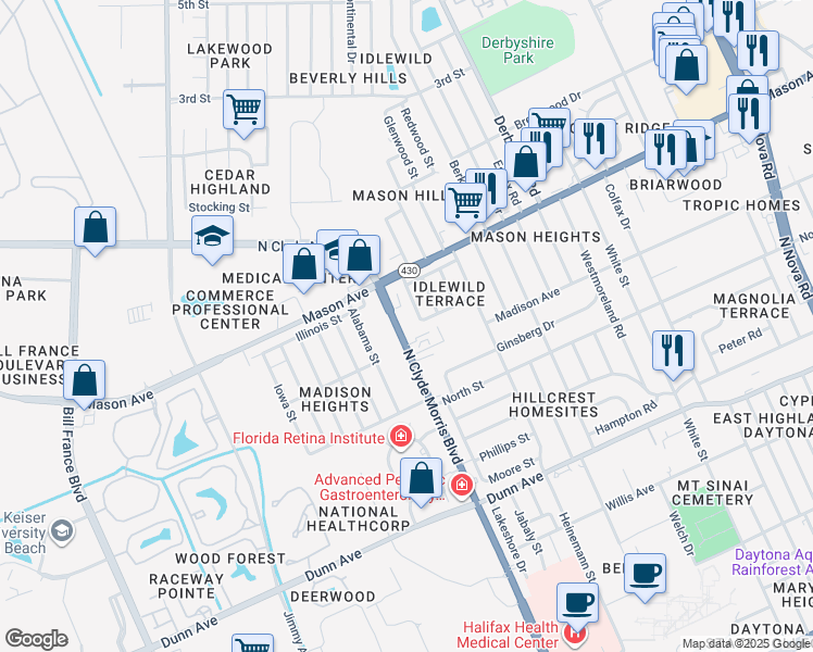 map of restaurants, bars, coffee shops, grocery stores, and more near in Daytona Beach