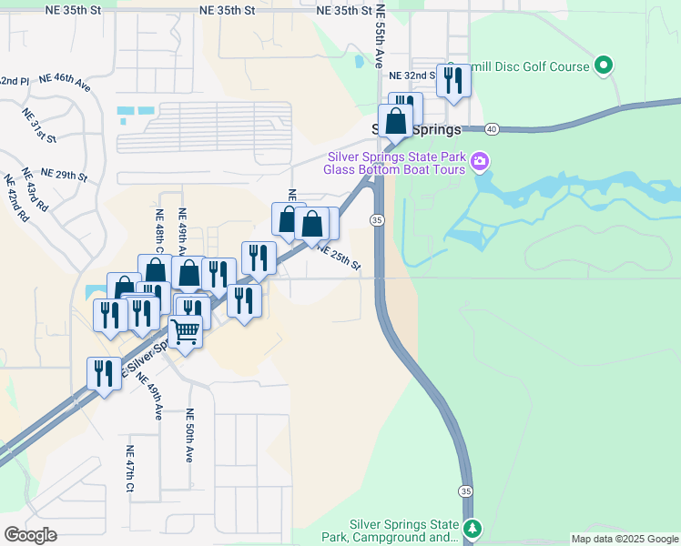 map of restaurants, bars, coffee shops, grocery stores, and more near 5444 Northeast 25th Street in Ocala