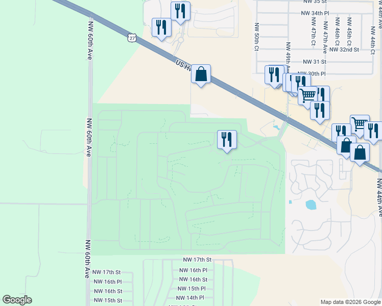 map of restaurants, bars, coffee shops, grocery stores, and more near 2400 Northwest 53rd Avenue Road in Ocala