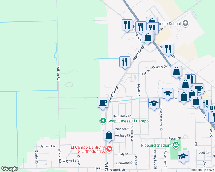 map of restaurants, bars, coffee shops, grocery stores, and more near 2805 West Loop in El Campo