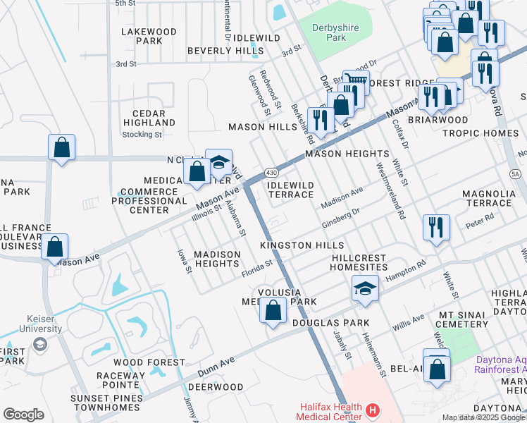 map of restaurants, bars, coffee shops, grocery stores, and more near 731 North Clyde Morris Boulevard in Daytona Beach